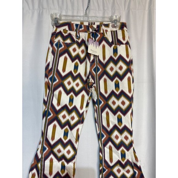 Wisteria Lane Geometric Flare Pants S White/Multicolor 98% Cotton & 2% Spandex - Picture 2 of 8